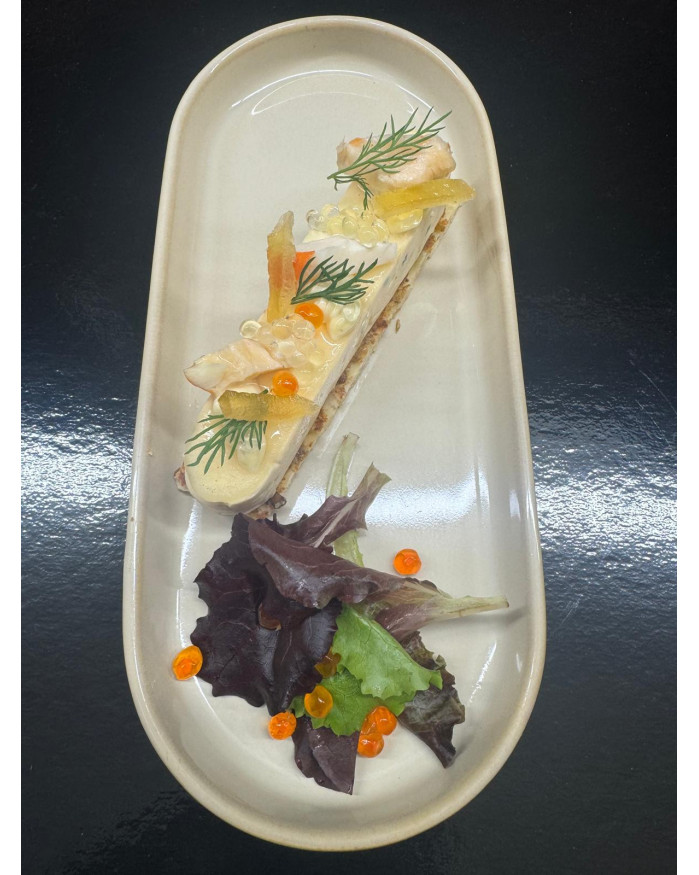 FINGER CREVETTE ET LANGOUSTE GELEE YUZU POIVRE TIMUT FEUILLETE PISTACHE